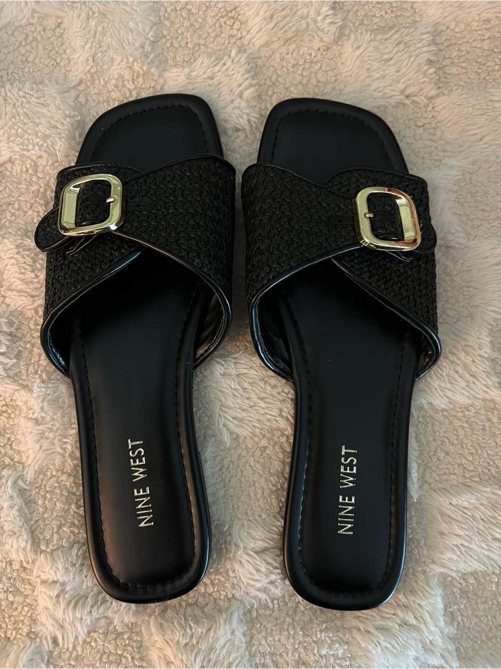 Nine West Black Slide Sandals with Gold Buckles
